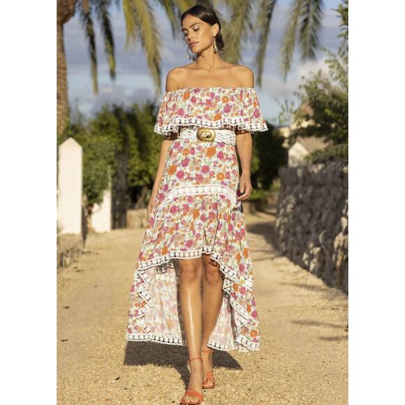 Miss June Dresses & Skirts - Miss June Rayan Off The Shoulder Floral Lace Ruffle Maxi Midi Dress Boho Pink